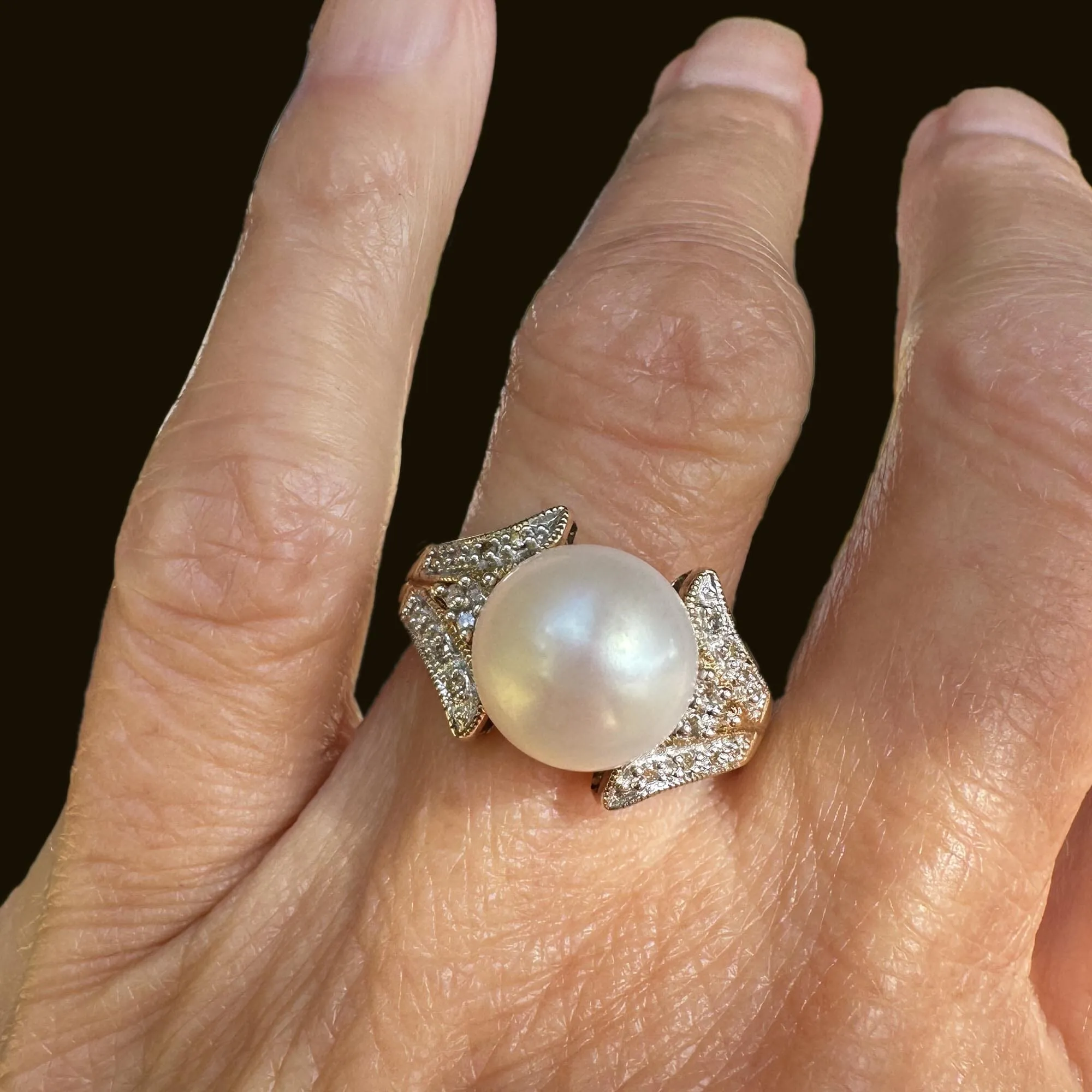 Vintage Large Pearl Diamond Cluster Cocktail Ring in Gold