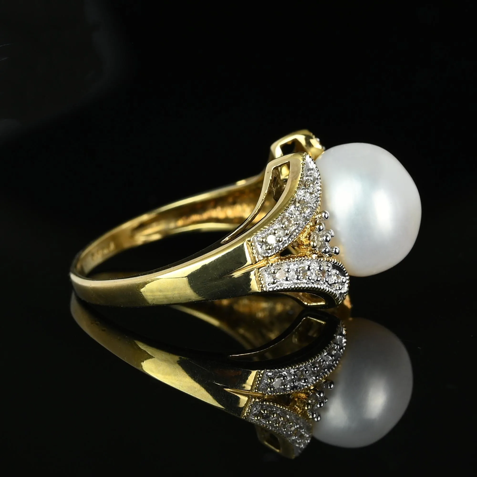 Vintage Large Pearl Diamond Cluster Cocktail Ring in Gold