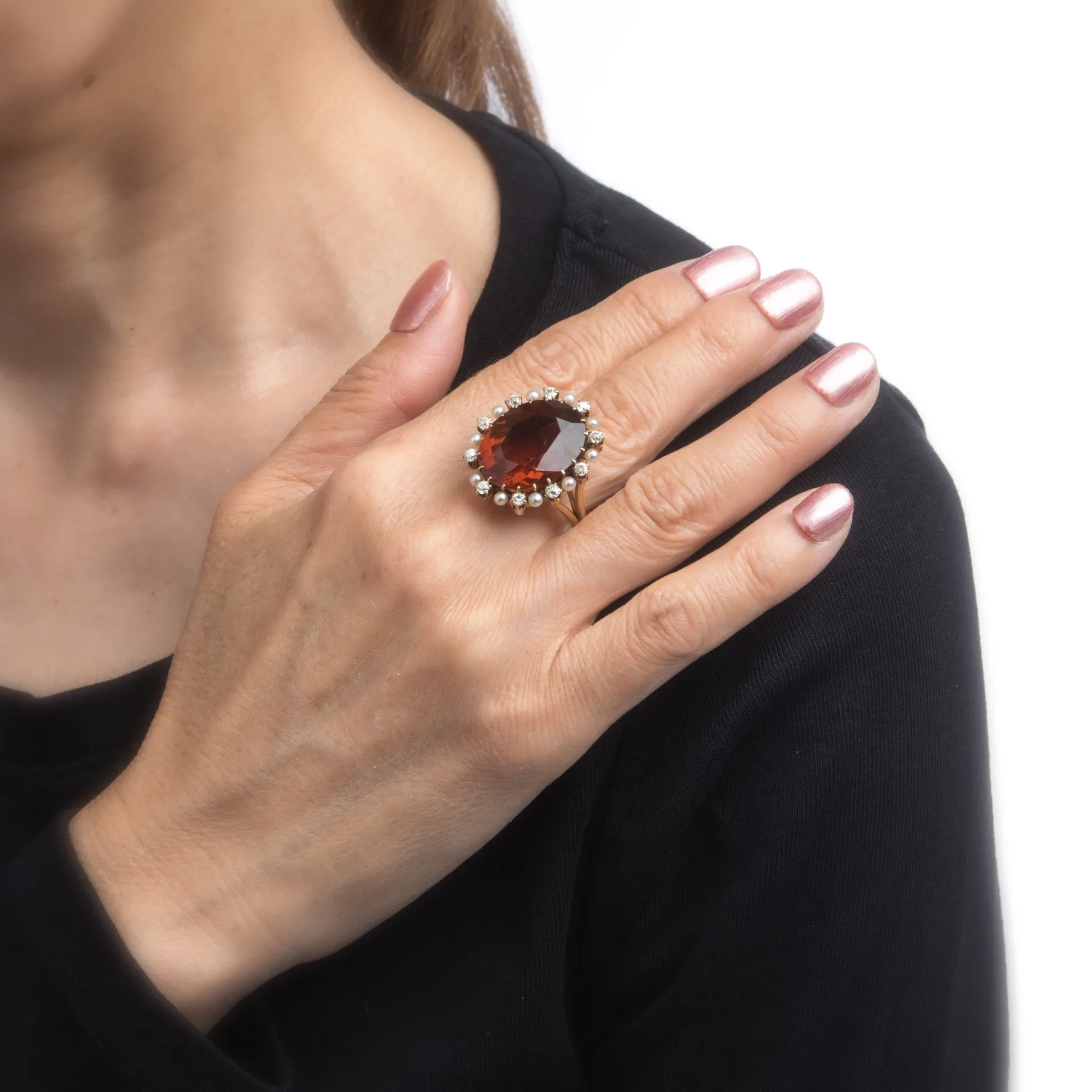 Vintage Madeira Citrine Mine Diamond Pearl Cocktail Ring 14k Gold Estate Fine