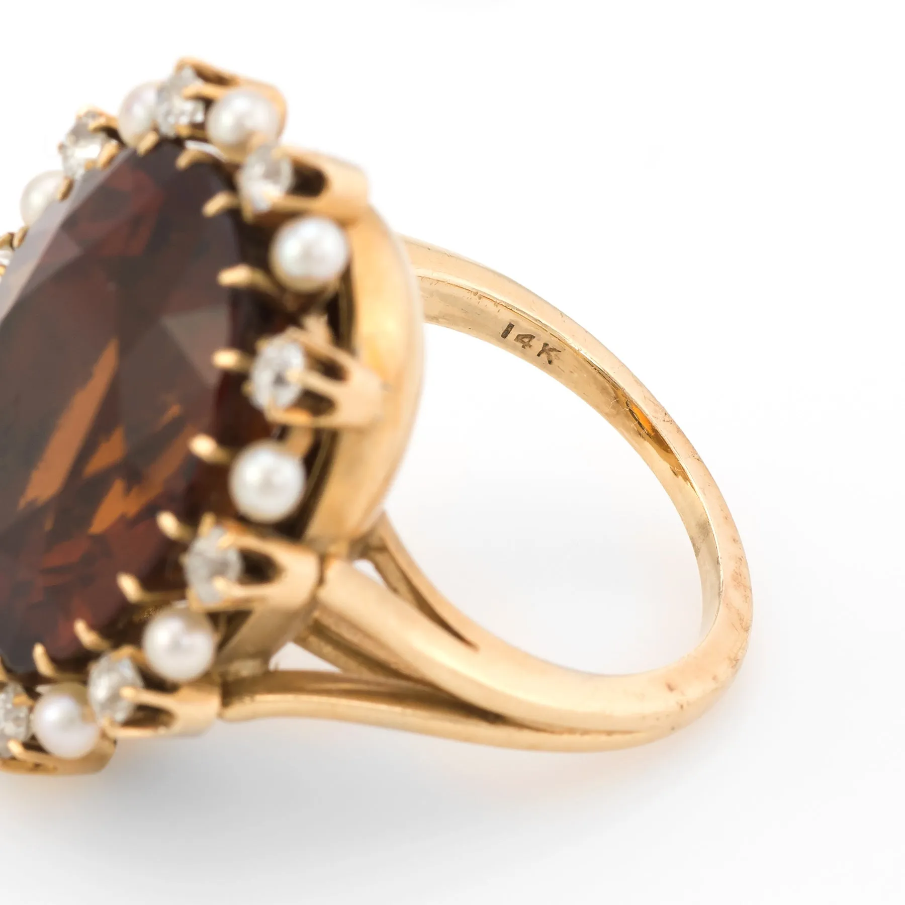 Vintage Madeira Citrine Mine Diamond Pearl Cocktail Ring 14k Gold Estate Fine