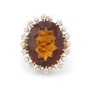 Vintage Madeira Citrine Mine Diamond Pearl Cocktail Ring 14k Gold Estate Fine