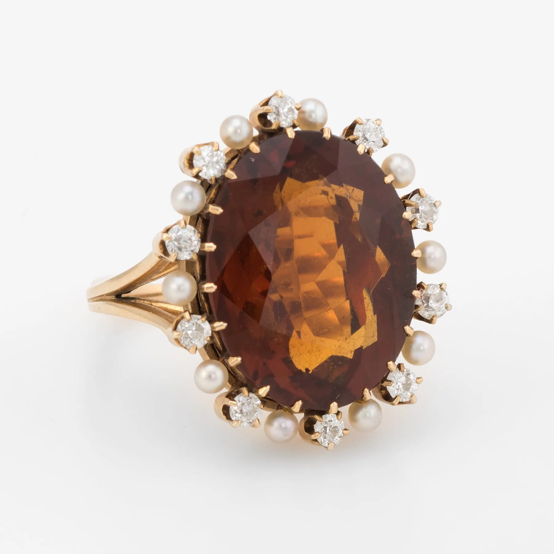 Vintage Madeira Citrine Mine Diamond Pearl Cocktail Ring 14k Gold Estate Fine