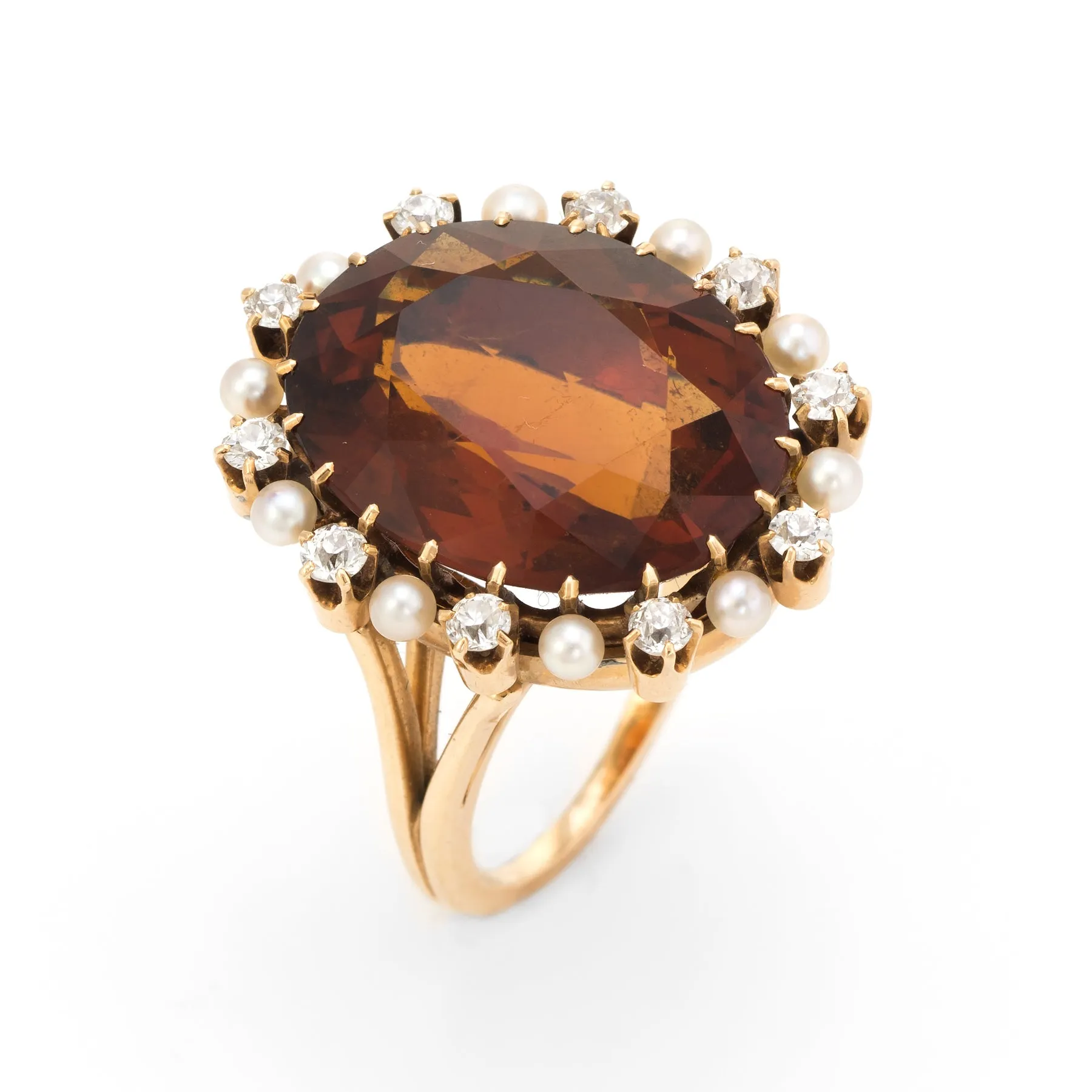 Vintage Madeira Citrine Mine Diamond Pearl Cocktail Ring 14k Gold Estate Fine