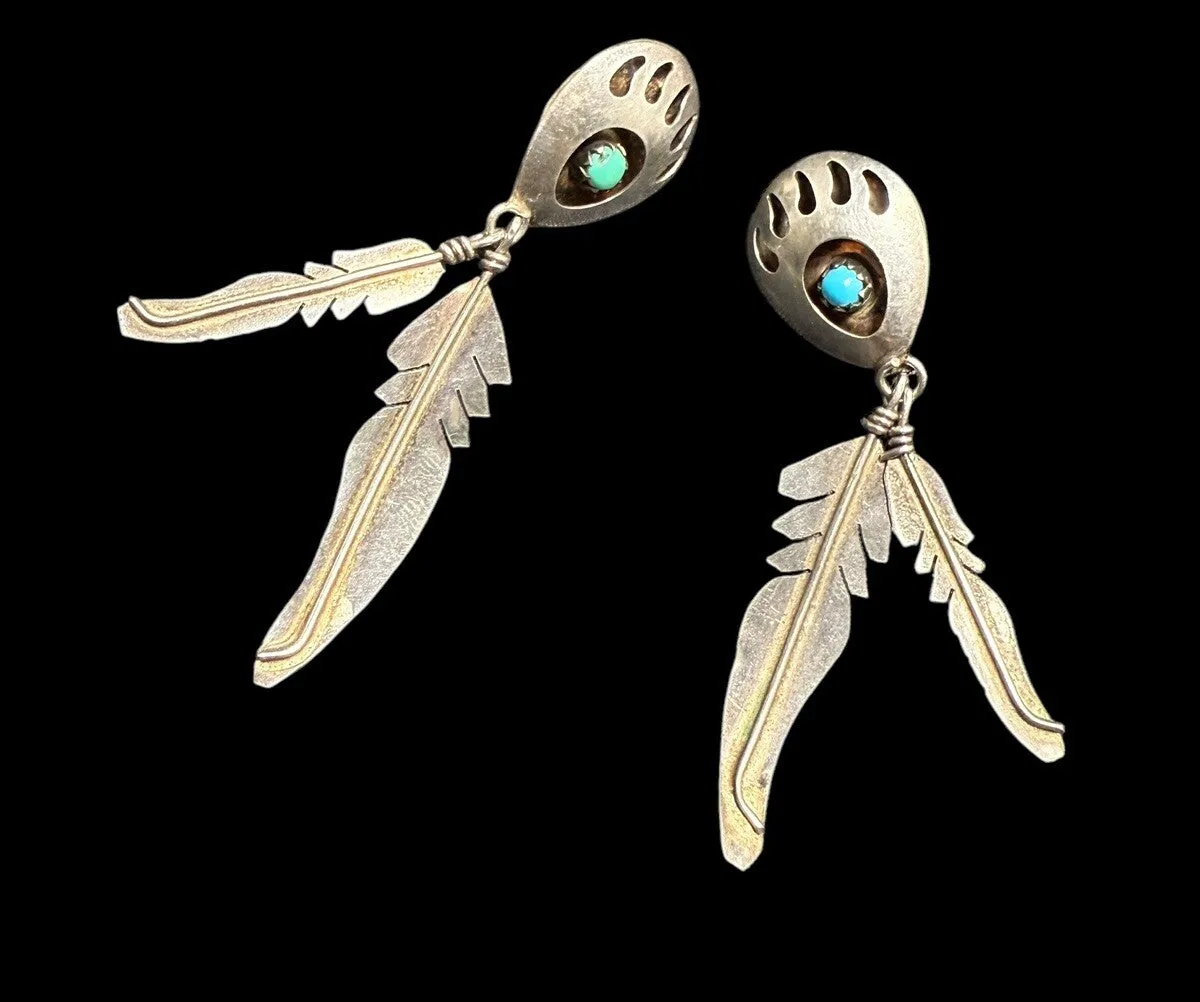 Vintage Native American Sterling Silver Turquoise Bear Paw Feather Earrings
