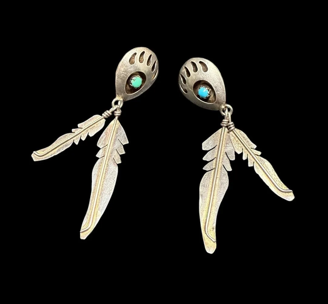 Vintage Native American Sterling Silver Turquoise Bear Paw Feather Earrings