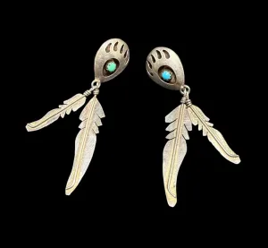Vintage Native American Sterling Silver Turquoise Bear Paw Feather Earrings