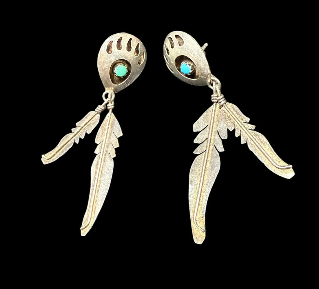 Vintage Native American Sterling Silver Turquoise Bear Paw Feather Earrings