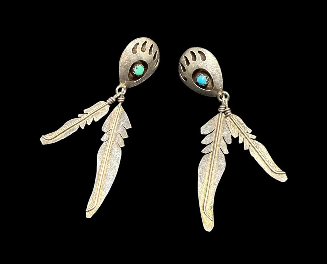 Vintage Native American Sterling Silver Turquoise Bear Paw Feather Earrings