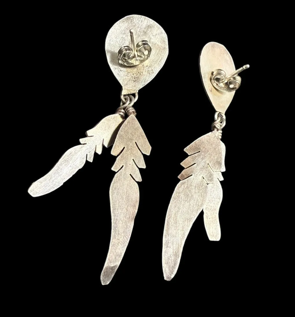 Vintage Native American Sterling Silver Turquoise Bear Paw Feather Earrings