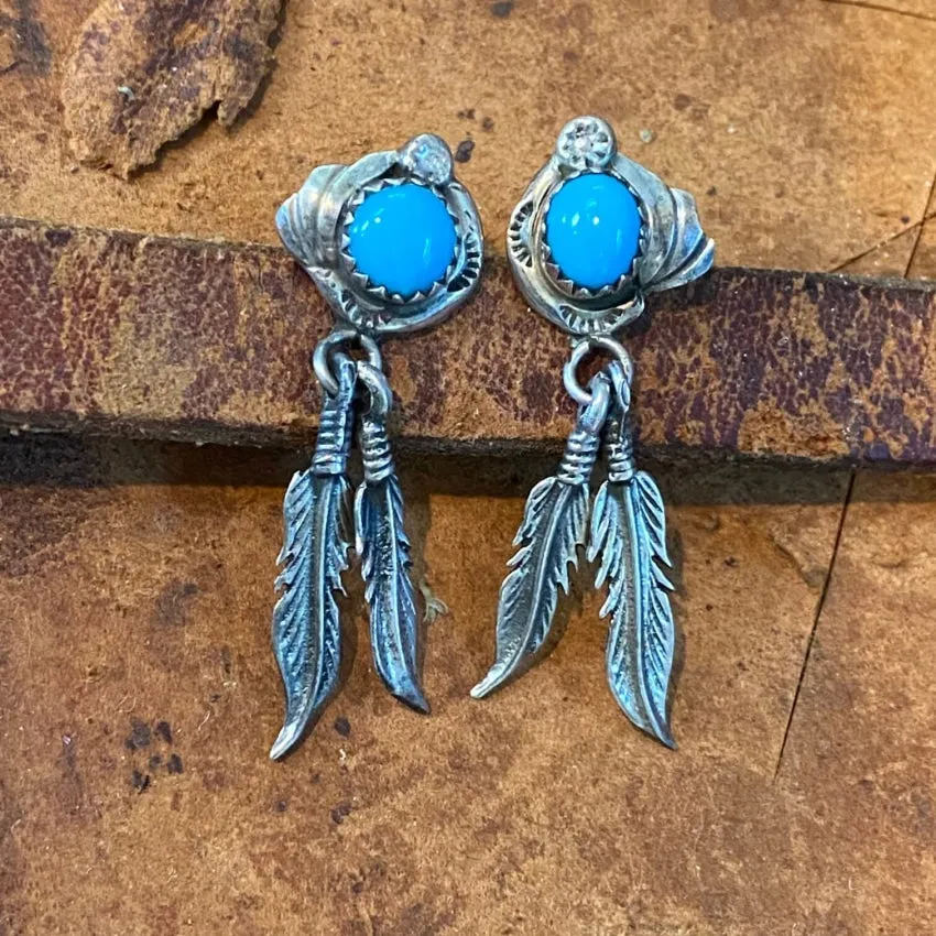 Vintage Navajo Turquoise Two Feather Pierced Earrings 925