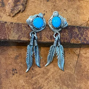 Vintage Navajo Turquoise Two Feather Pierced Earrings 925