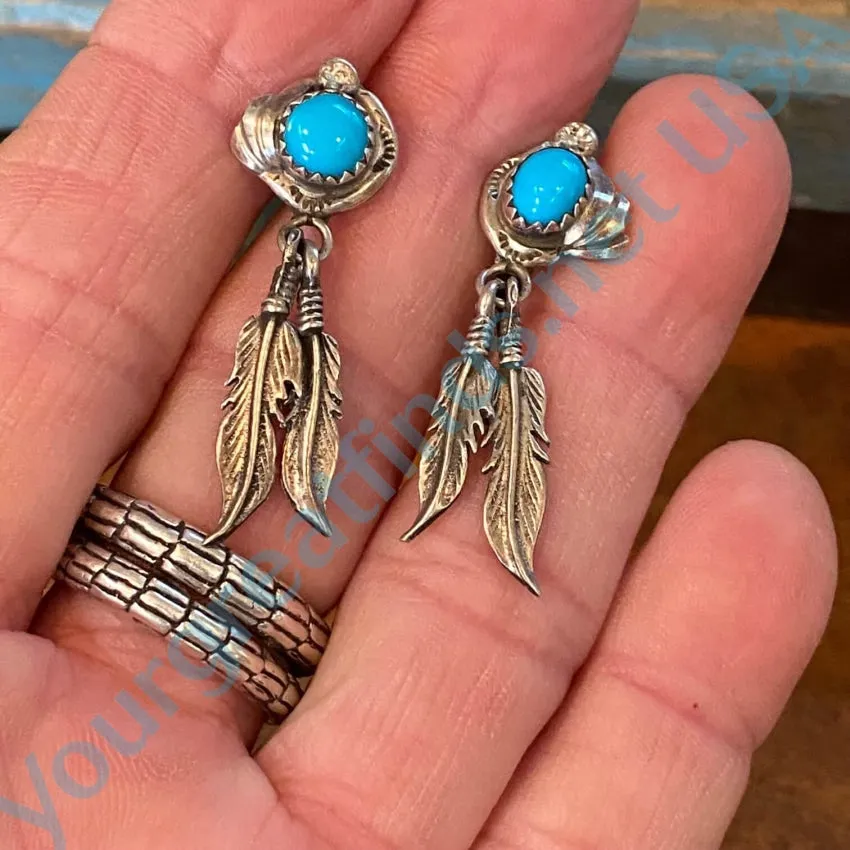 Vintage Navajo Turquoise Two Feather Pierced Earrings 925