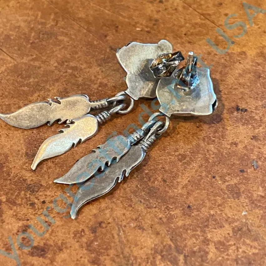 Vintage Navajo Turquoise Two Feather Pierced Earrings 925
