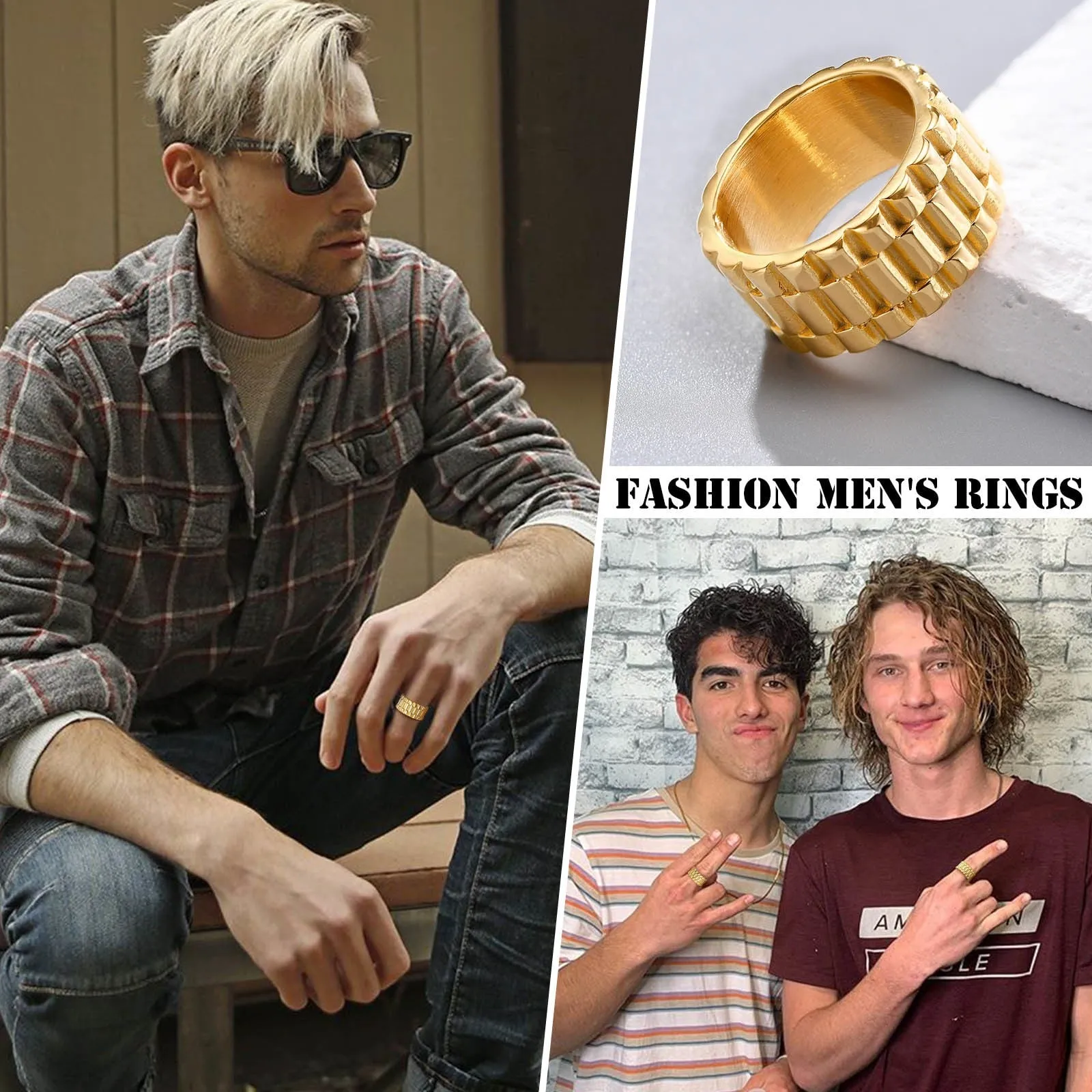 Vnox 11mm Watch Band Shaped Ring for Men, Gold Color Stainless Steel Punk Finger Band, Rock Gothic Hiphop Boy Jewelry