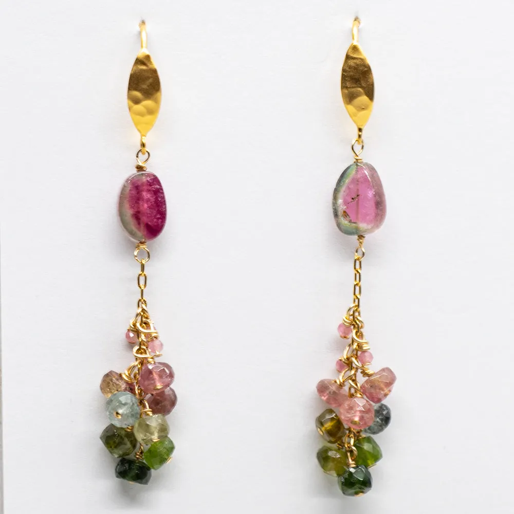 Watermelon Tourmaline Gold Tassel Earrings