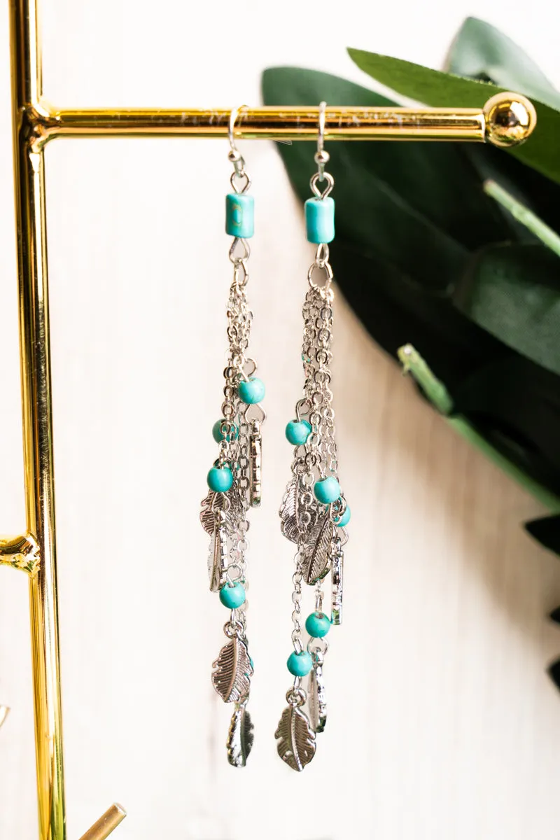 Whispering Winds Feather Turquoise Silvertone Earrings