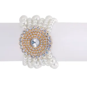 WHITE PEARL GOLD CRYSTAL STRETCH BRACELETS #HNB87487 (KG4)