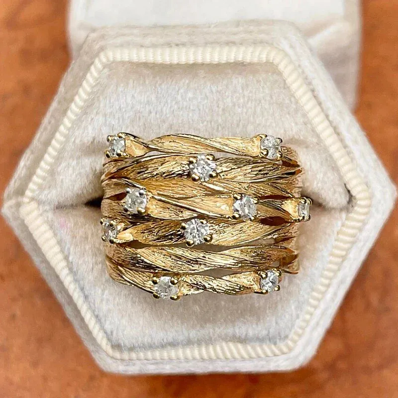 Wide Ring for Women Gold Color Luxury Twist Design Band Cocktail Rings Fashion Female Accessories Party Jewelry