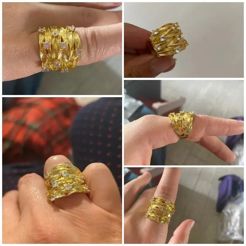 Wide Ring for Women Gold Color Luxury Twist Design Band Cocktail Rings Fashion Female Accessories Party Jewelry