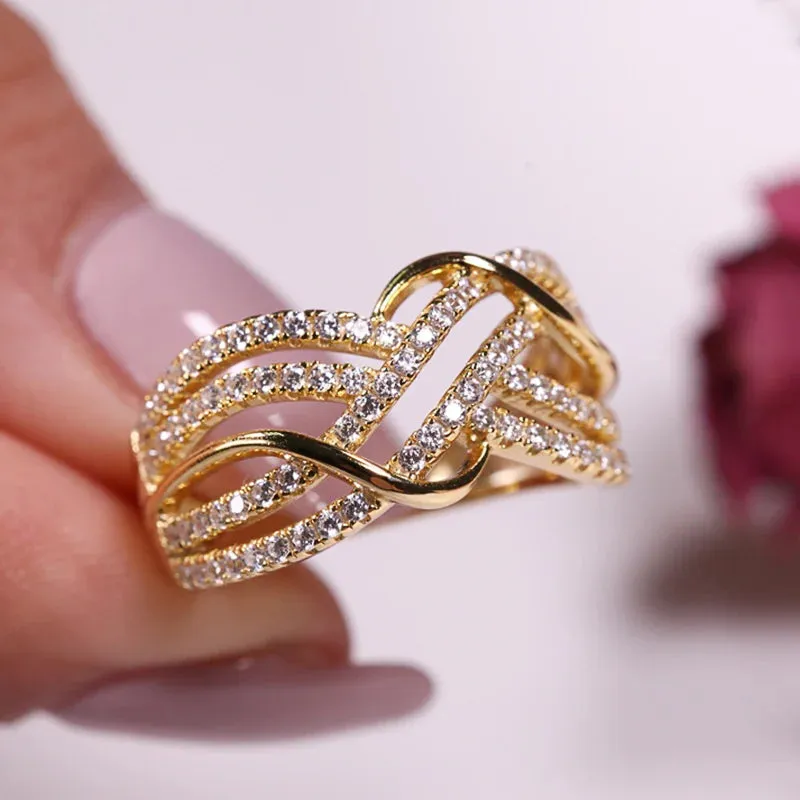 Wide Ring for Women Gold Color Luxury Twist Design Band Cocktail Rings Fashion Female Accessories Party Jewelry