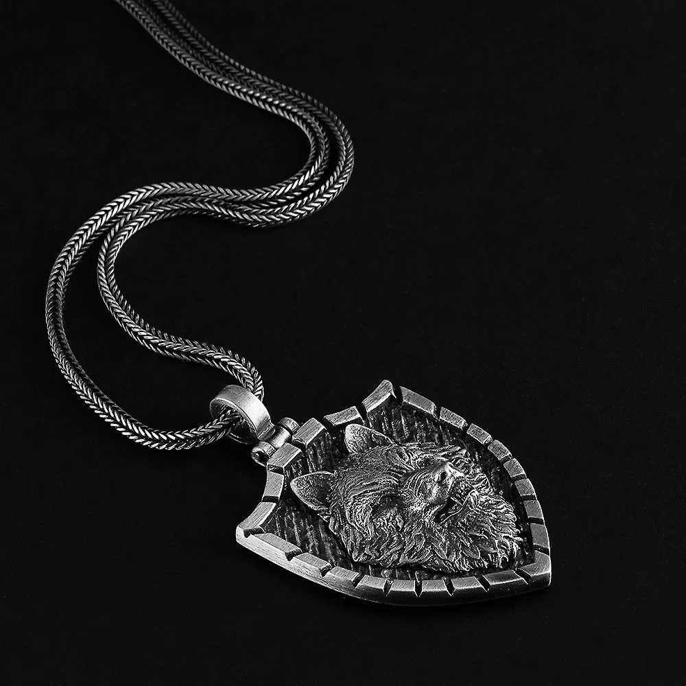 Wolf Necklace Oxidized Solid Silver Men's Pendant with Silver Chain