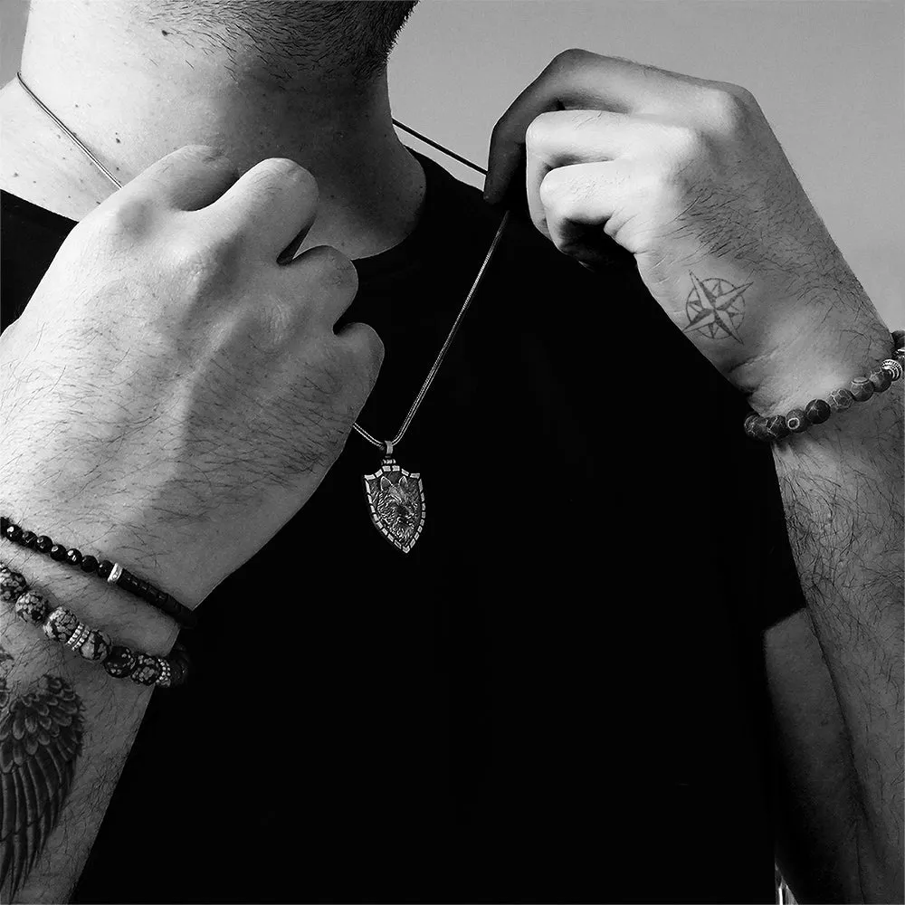 Wolf Necklace Oxidized Solid Silver Men's Pendant with Silver Chain