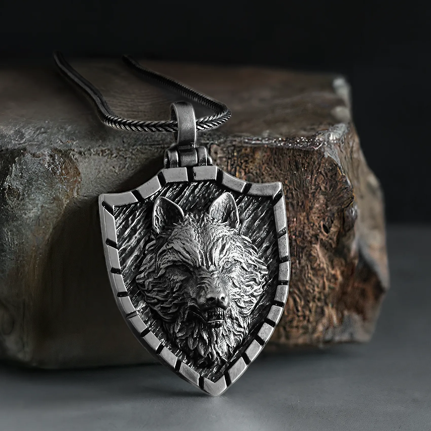 Wolf Necklace Oxidized Solid Silver Men's Pendant with Silver Chain
