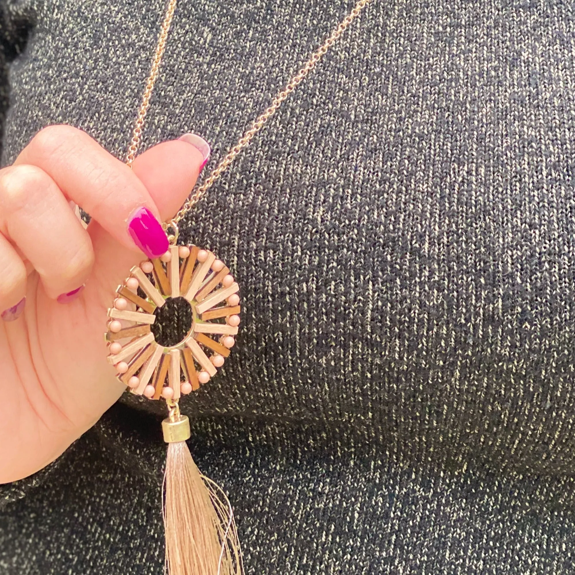 Wooden Pendant Tassel Necklace