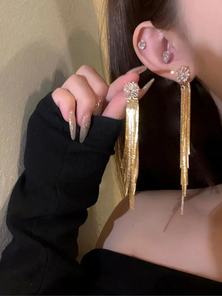 Zirconia Crystal Long Tassel Earrings